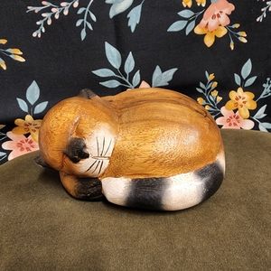 Wooden Sleeping Cat Sculpture